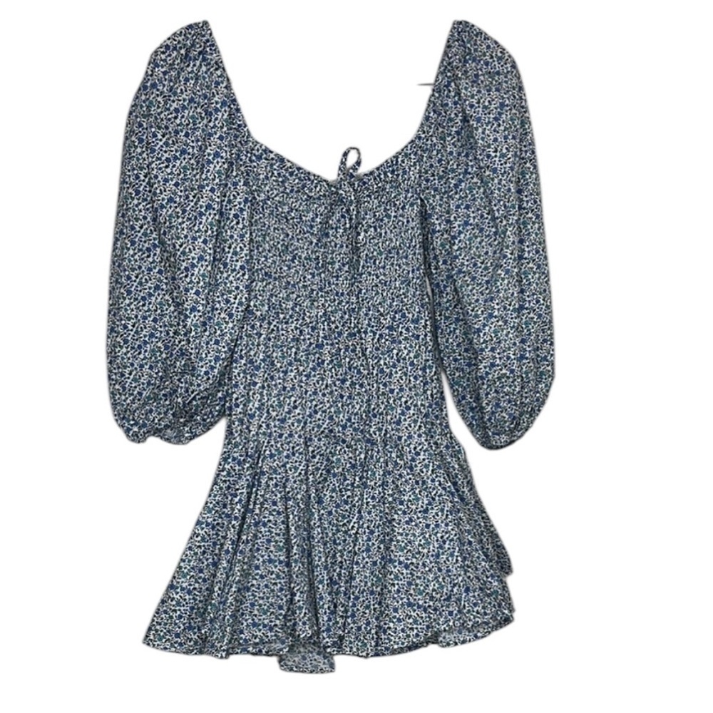 Mable Blue Floral Puffed Sleeve Ruffle Mini Dress Women Size S